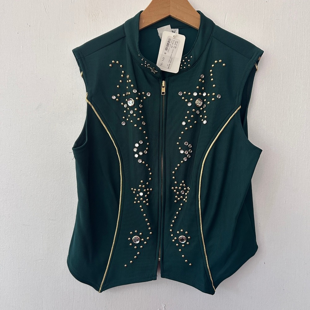 F.T.W.W. Studded Vest Women XL Hunter Green Rhinestone Studded Western Rodeo NWT